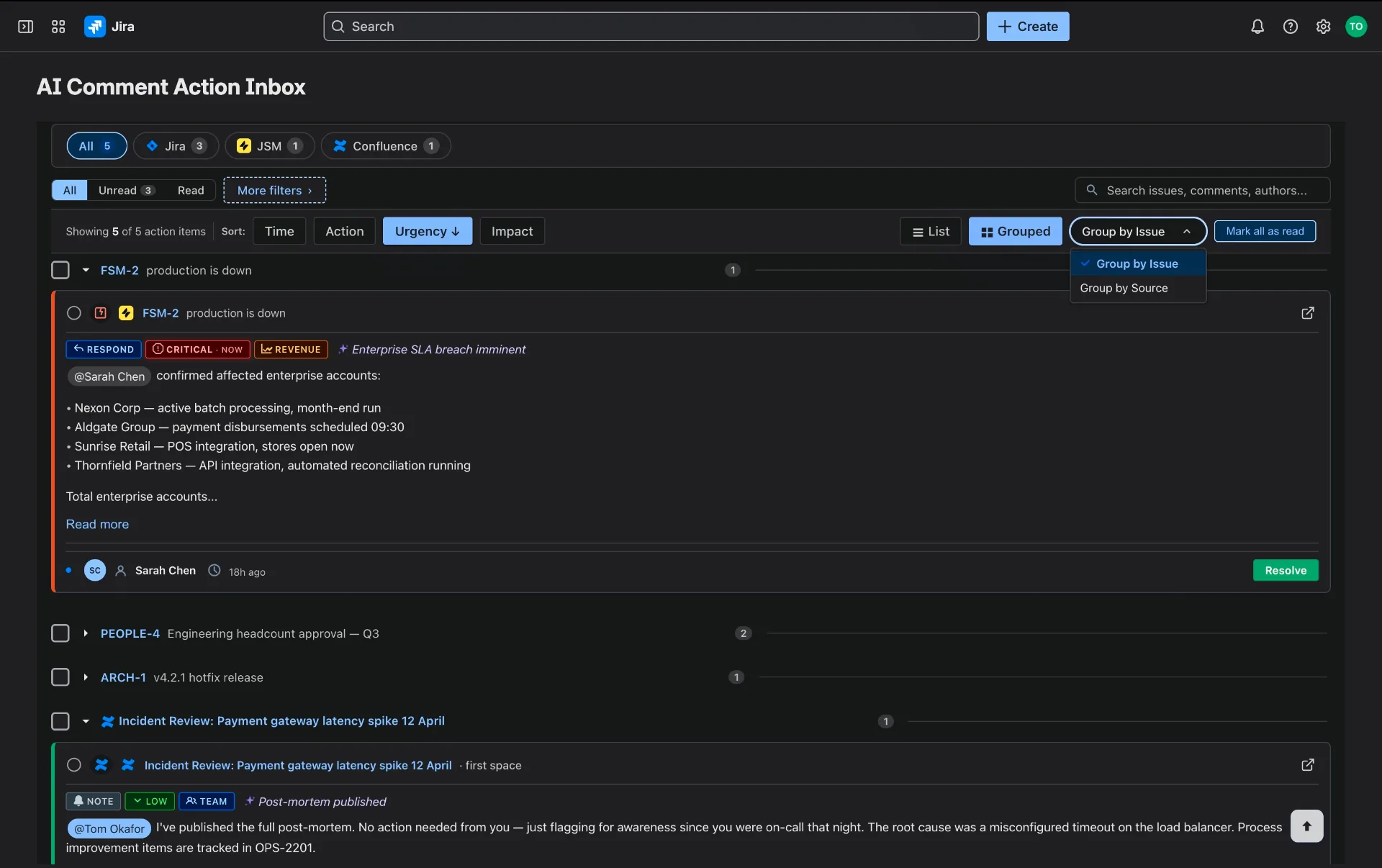 Grouped by issue: every @mention on a single Jira issue collapsed into one thread, sorted by urgency