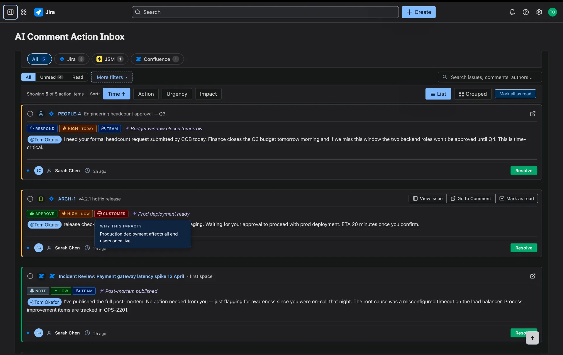 List view: three classified comment cards with Action, Urgency, Impact badges and an inline reasoning tooltip